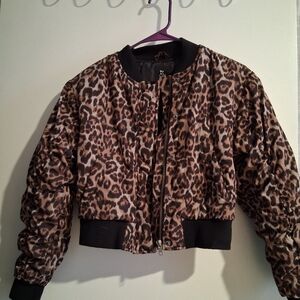 Art Class Leopard-Print Cropped Bomber Jacket in Brown